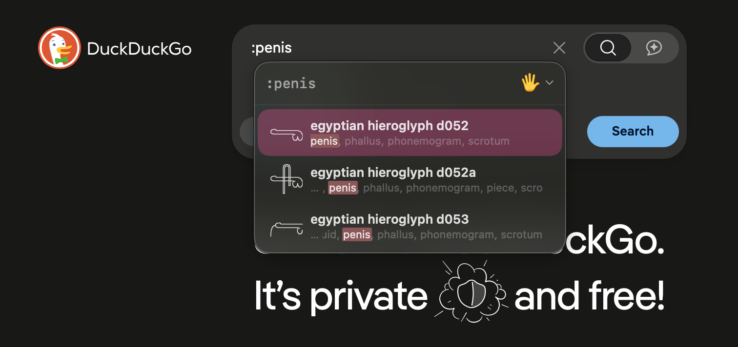 The DuckDuckGo search box with :penis typed in it, and Colon's panel listing three matching Egyptian hieroglyphs