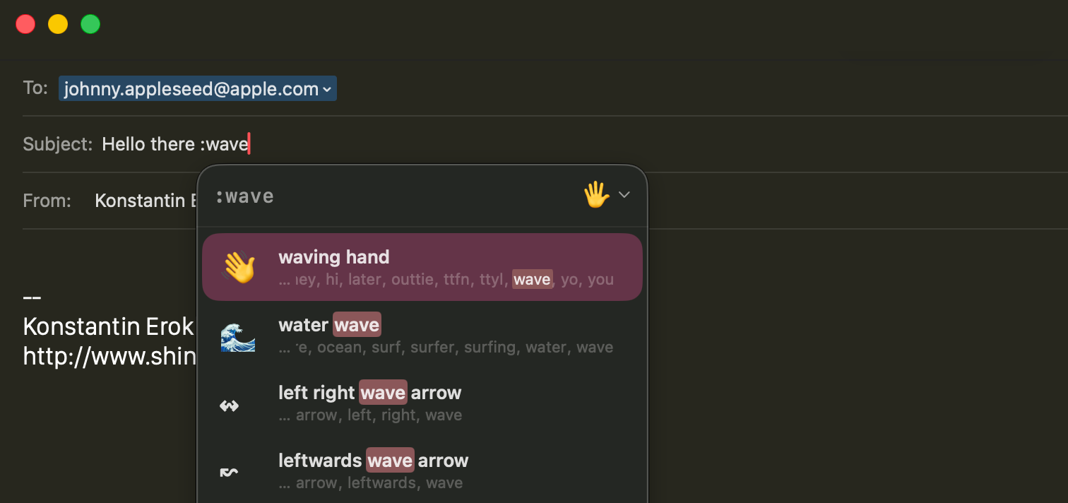 A Mail compose window. The subject reads Hello there :wave and Colon's panel lists waving hand, water wave, and other matches