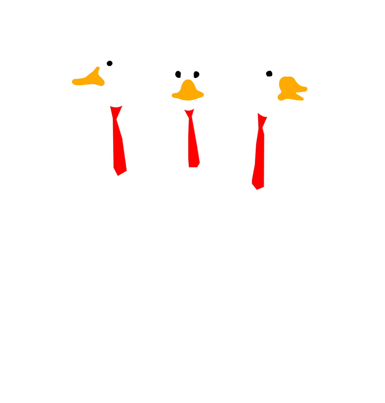 Three ducks in suits and red ties walking side by side