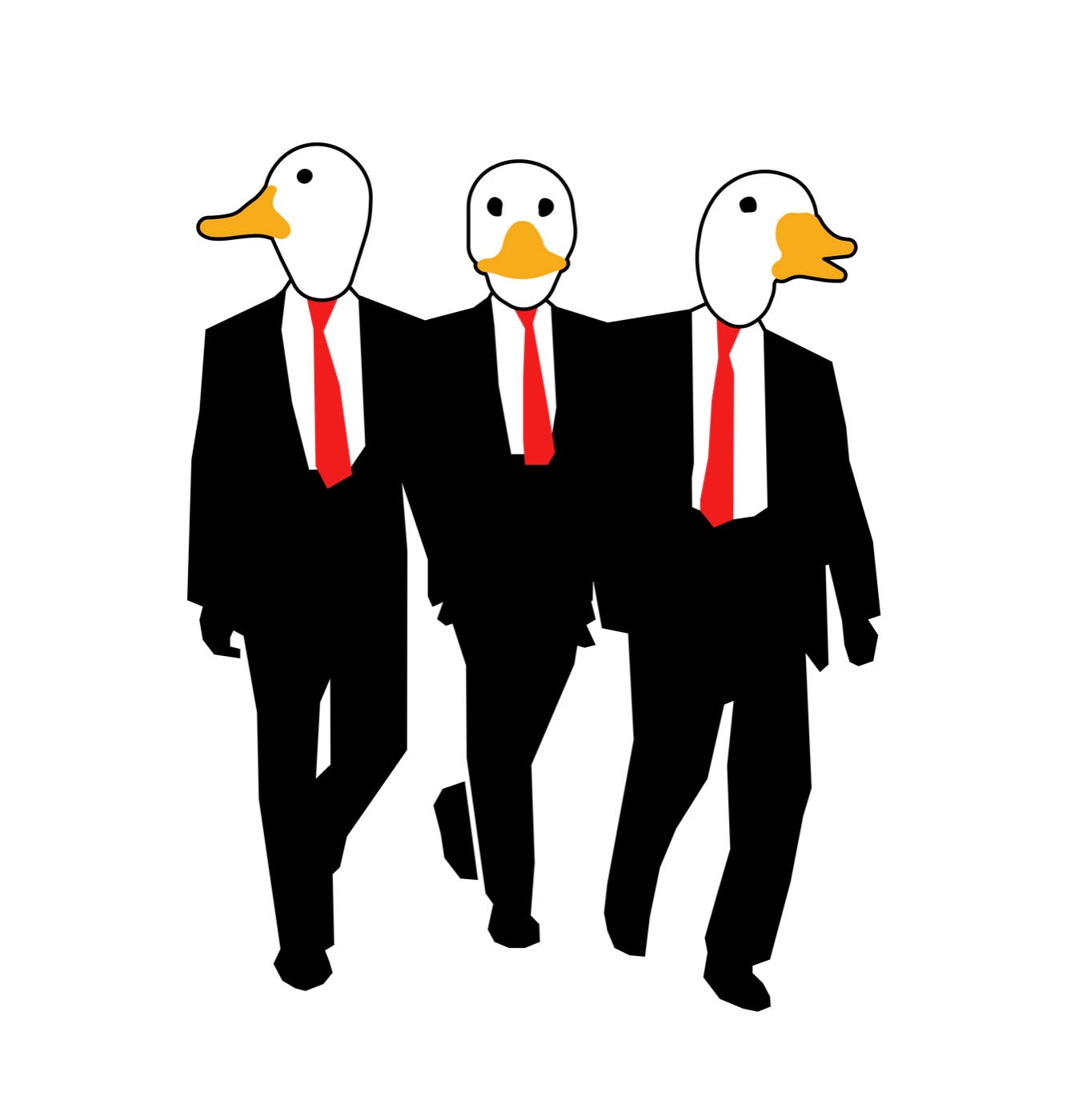 Three ducks in suits and red ties walking side by side